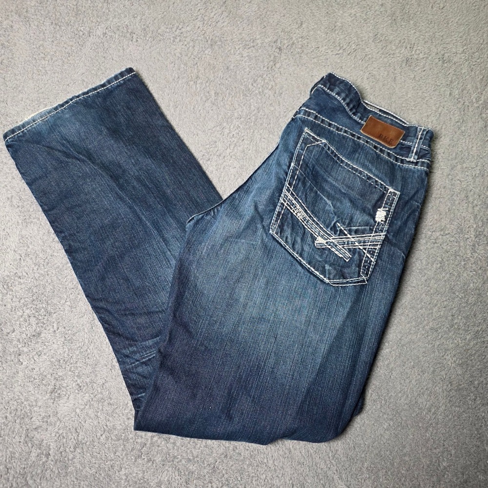 BKE Mens 33R Tyler Straight Jeans Blue Medium Wash Contrast Stitching Denim